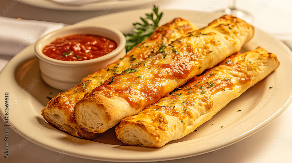 59 Garlic breadsticks with marinara, elegant table setup, soft lighting, ultrarealistic texture 59 Garlic breadsticks with marinara, elegant table setup, soft lighting, ultrarealistic texture