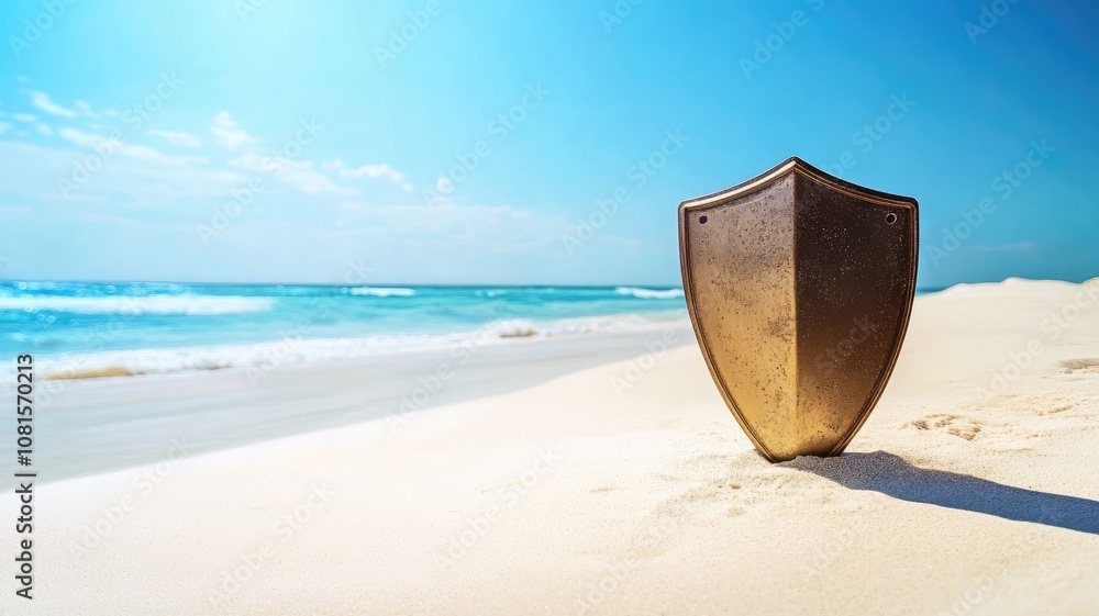 Shield stands upright in white sand on sunny beach with crystal-clear water Shield stands upright in white sand on sunny beach with crystal-clear water