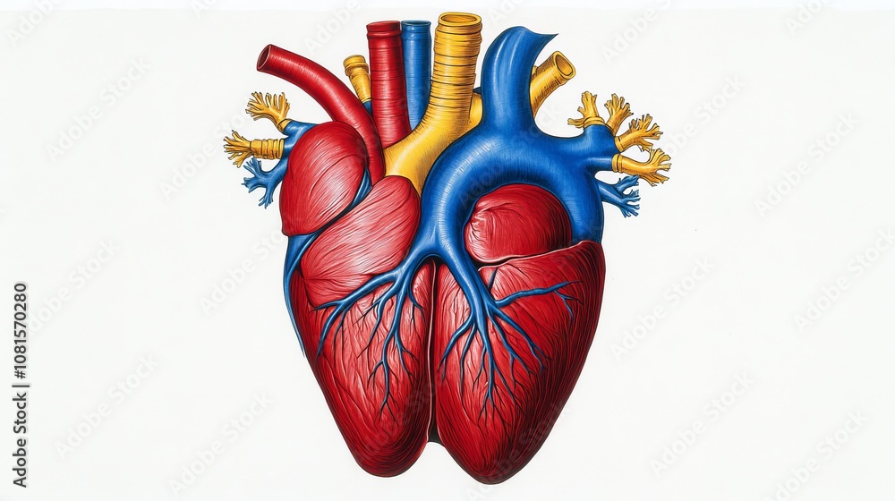 Naklejka premium Human Heart Anatomy Detailed Medical Illustration of Cardiovascular System