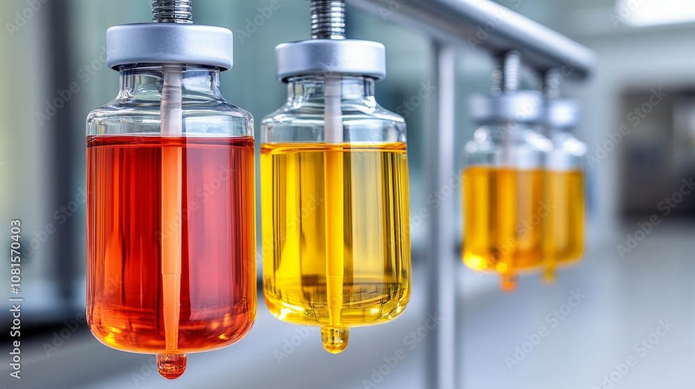 Industrial Samples Yellow and Red Liquid in Glass Bottles Industrial Samples Yellow and Red Liquid in Glass Bottles