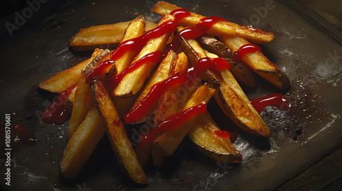 60 Thickcut fries with ketchup drizzle, dark luxury table, soft lighting creating ultrarealistic texture photo