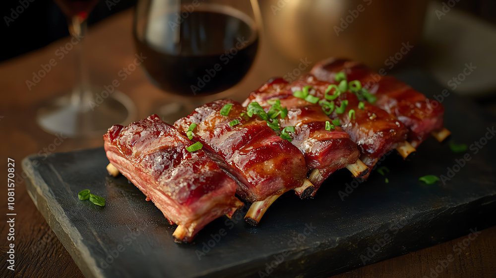 4 Barbecue ribs with rich sauce glaze, luxury ambiance with dark wood, warm spot lighting, ultrarealistic texture on ribs 4 Barbecue ribs with rich sauce glaze, luxury ambiance with dark wood, warm spot lighting, ultrarealistic texture on ribs