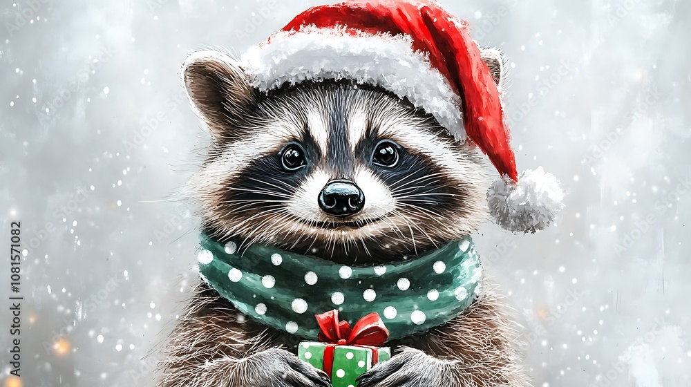 Festive watercolor raccoon, grinning widely in a red Santa hat and green polka dot scarf, holding a small present, plain white background, soft and fluid brushstrokes, vibrant and joyful colors, Festive watercolor raccoon, grinning widely in a red Santa hat and green polka dot scarf, holding a small present, plain white background, soft and fluid brushstrokes, vibrant and joyful colors,