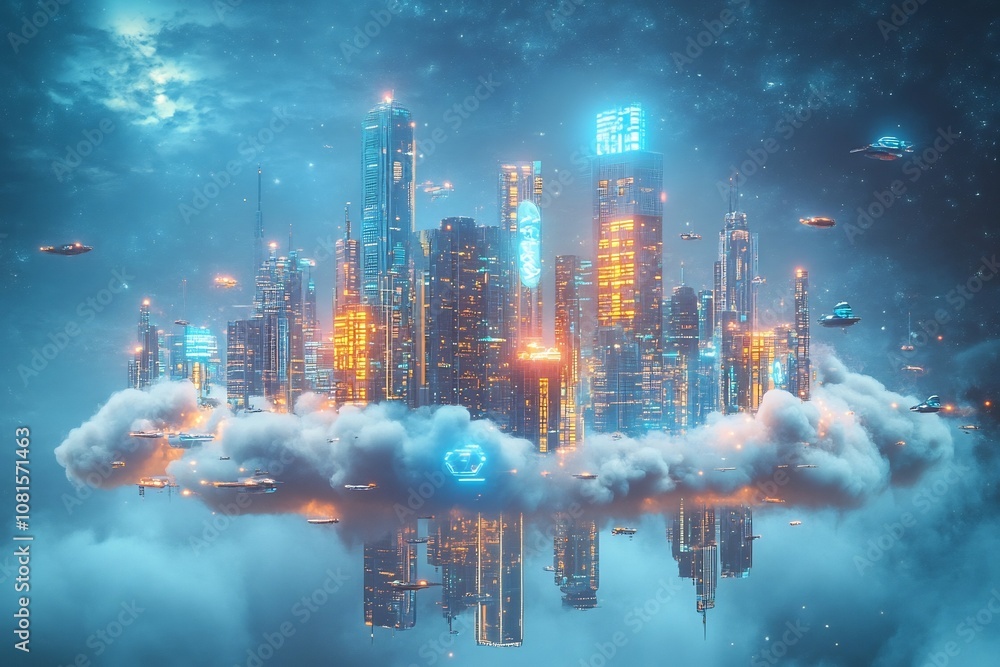 Obraz premium Futuristic Glowing Cityscape with Skyscrapers Reflected in Water at Night