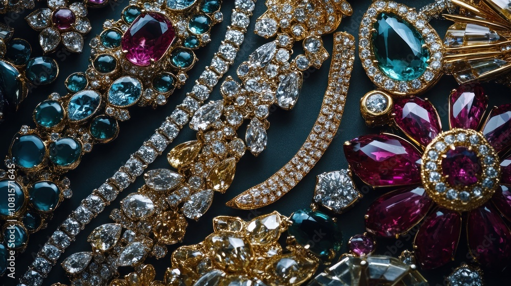 A collection of luxurious jewelry featuring colorful gemstones and intricate designs. A collection of luxurious jewelry featuring colorful gemstones and intricate designs.