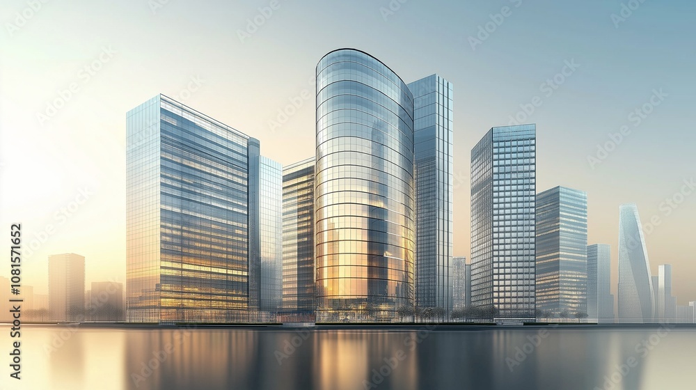 A modern skyscrapers along a waterfront at sunrise. A modern skyscrapers along a waterfront at sunrise.