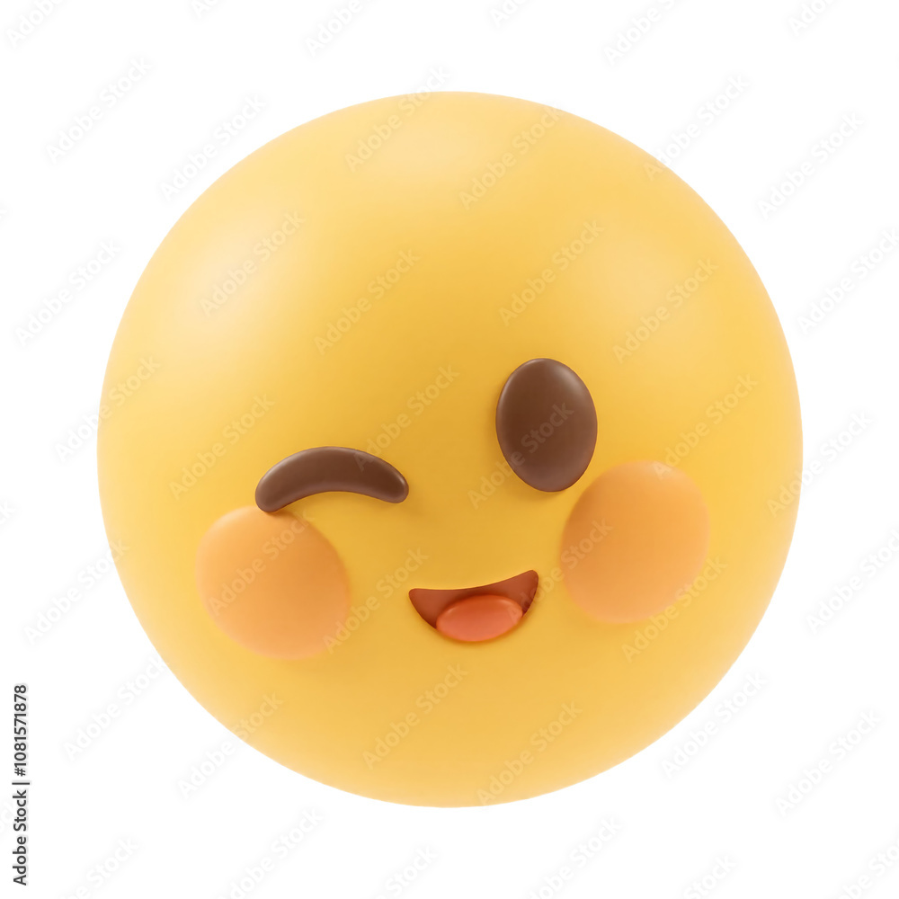 3D Winking Smiley Emoji with Blushing Cheeks and Playful Expression on White Background 3D Winking Smiley Emoji with Blushing Cheeks and Playful Expression on White Background