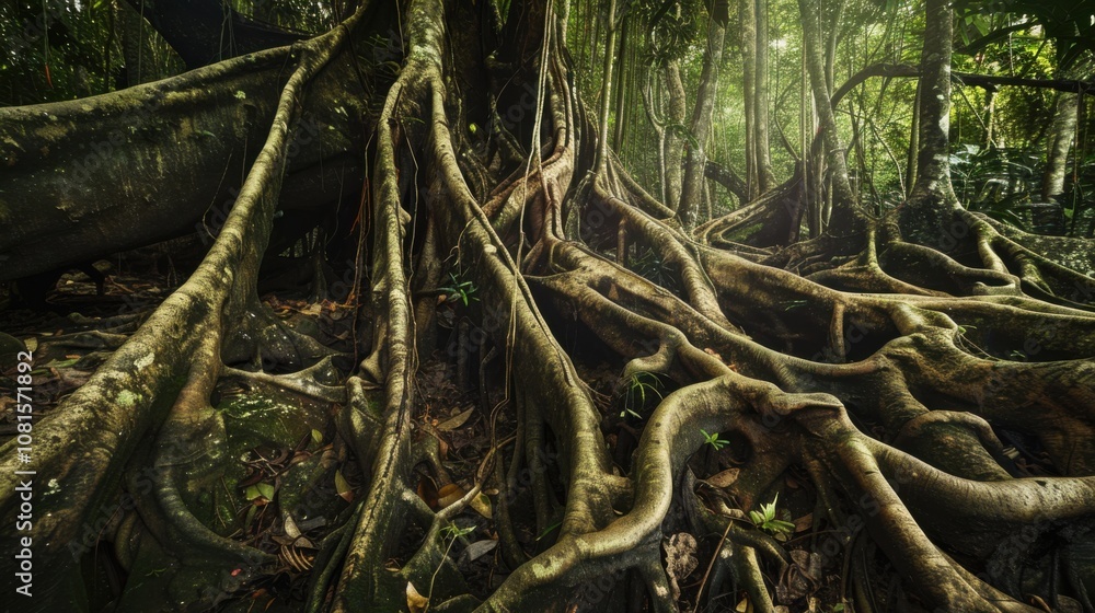 Interwoven roots of different trees in a dense forest ecosystem, Illustrating the interconnectedness and resilience of biodiversity, photography style Interwoven roots of different trees in a dense forest ecosystem, Illustrating the interconnectedness and resilience of biodiversity, photography style