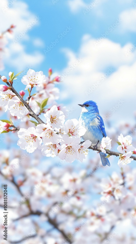 A vibrant bluebird perched on a blossoming cherry tree branch.