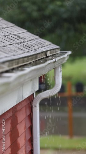 Vertical Water draining down into clogged gutter during a rain storm 
