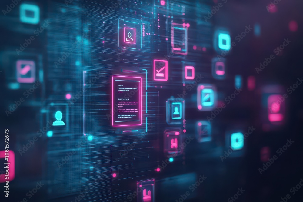 Fototapeta premium Holographic resume screening system, neon icons, virtual candidate profile, futuristic hiring process