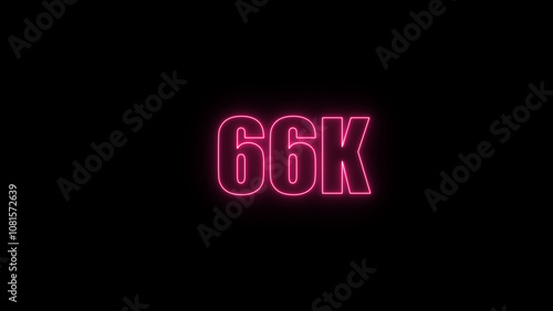 Glowing neon number 66 k red color with black background. neon style., subscribers celebration. Followers, neeon Letters on black Background, Vector Illustration