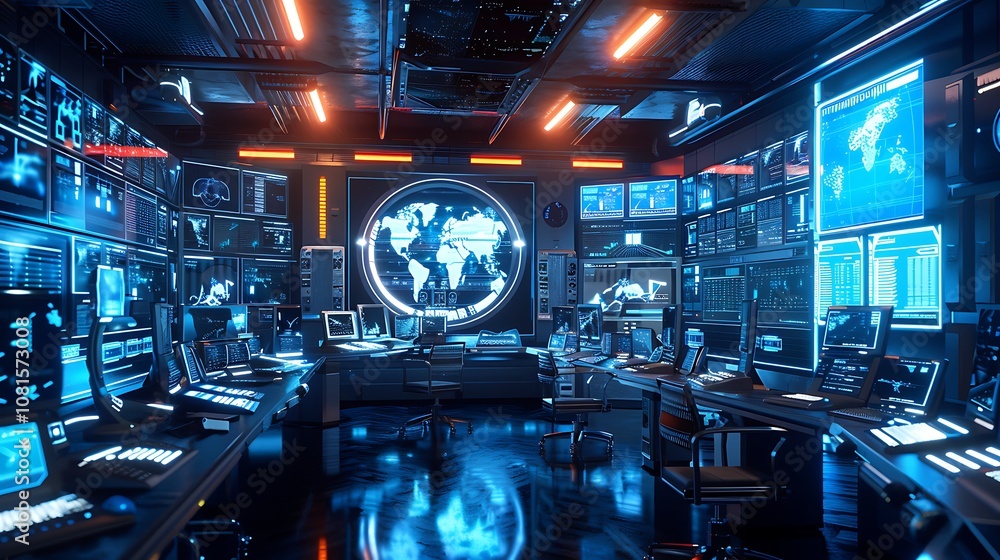 A high-definition 3D rendering of a sci-fi control room with glowing monitors and advanced technology. A high-definition 3D rendering of a sci-fi control room with glowing monitors and advanced technology.