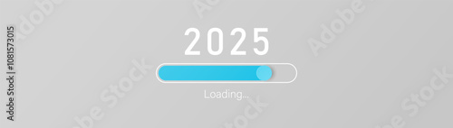 2025 loading bar on gray background. New year downloading.