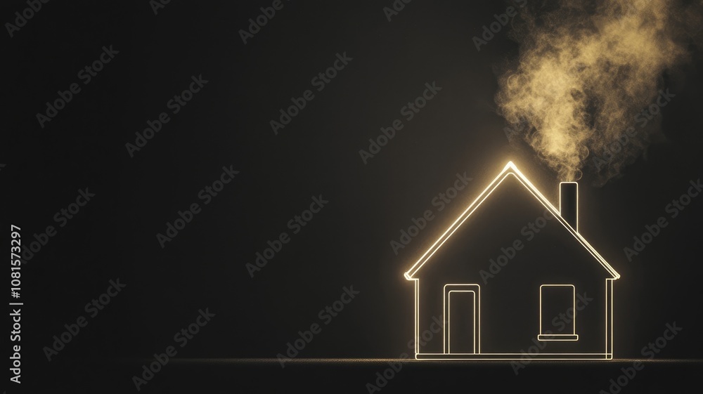 Minimalist neon house outline with smoke rising from chimney on dark background Minimalist neon house outline with smoke rising from chimney on dark background