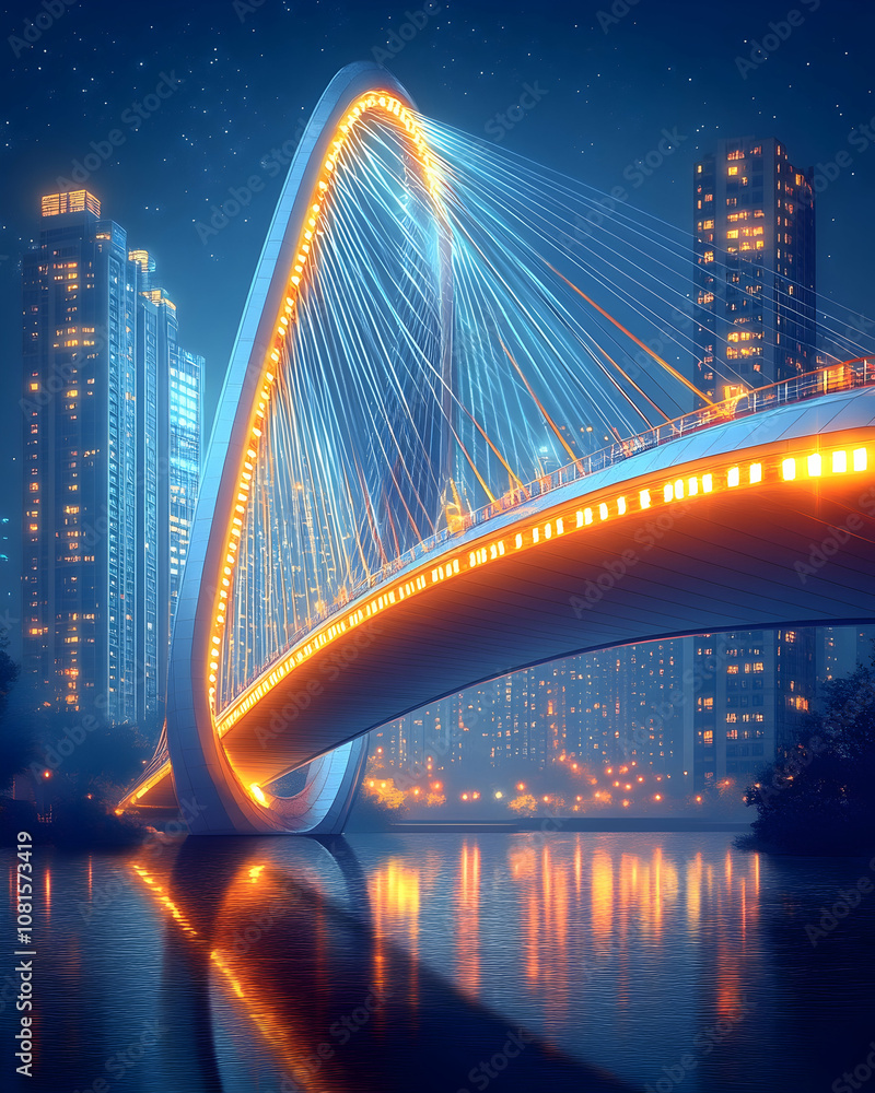 Naklejka premium Futuristic bridge with glowing lights over a river at night with skyscrapers in the background.
