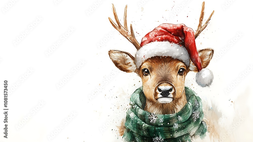 Playful reindeer in a red Santa hat and green cozy scarf, watercolor illustration, looking joyful against a clean white background, detailed fur textures, festive holiday theme, soft brush strokes, Playful reindeer in a red Santa hat and green cozy scarf, watercolor illustration, looking joyful against a clean white background, detailed fur textures, festive holiday theme, soft brush strokes,