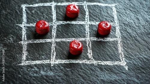 Tic-tac-toe game with red pieces on blackboard grid