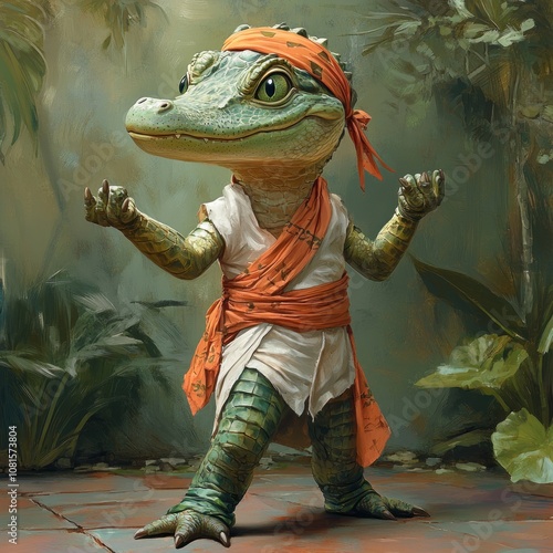 A cartoon alligator wearing a karate gi and headband stands in a fighting stance in front of a lush tropical backdrop. photo