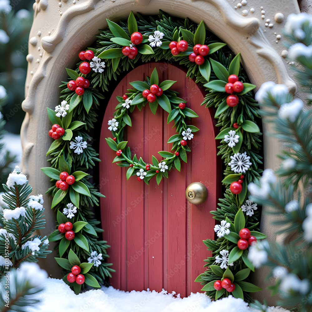 A whimsical holiday door adorned with greenery and berries in a winter wonderland setting, photograph of decorative concept. A whimsical holiday door adorned with greenery and berries in a winter wonderland setting, photograph of decorative concept.