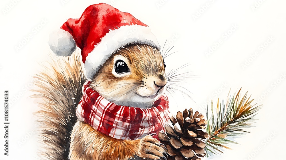 Playful squirrel in a red Christmas hat and tartan scarf, holding a pine cone, watercolor painting, white canvas, festive and joyful theme, soft and fluid brushwork, detailed fur textures, hd quality, Playful squirrel in a red Christmas hat and tartan scarf, holding a pine cone, watercolor painting, white canvas, festive and joyful theme, soft and fluid brushwork, detailed fur textures, hd quality,