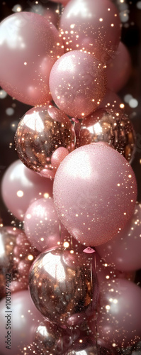 Pink and gold balloons with confetti.