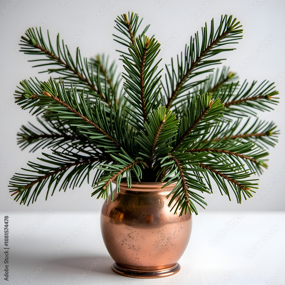 A beautiful arrangement of evergreen sprigs in a copper pot for a touch of nature at home, photography of still life concept. A beautiful arrangement of evergreen sprigs in a copper pot for a touch of nature at home, photography of still life concept.