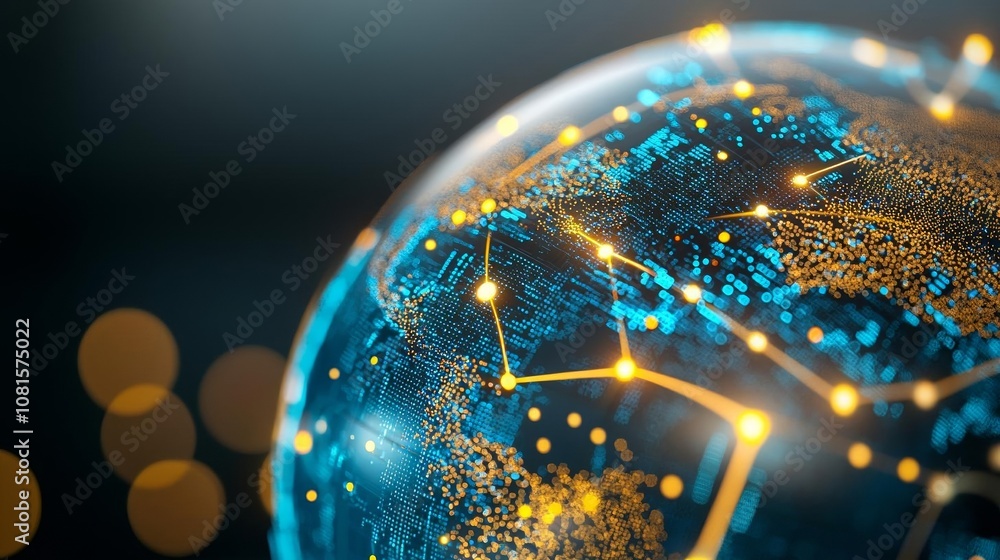 Close-up view of a digital globe with bright data points and network ...