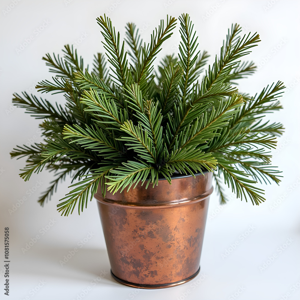 Lush evergreen leaves in a rustic copper planter for tranquil indoor spaces, photography of still life concept. Lush evergreen leaves in a rustic copper planter for tranquil indoor spaces, photography of still life concept.
