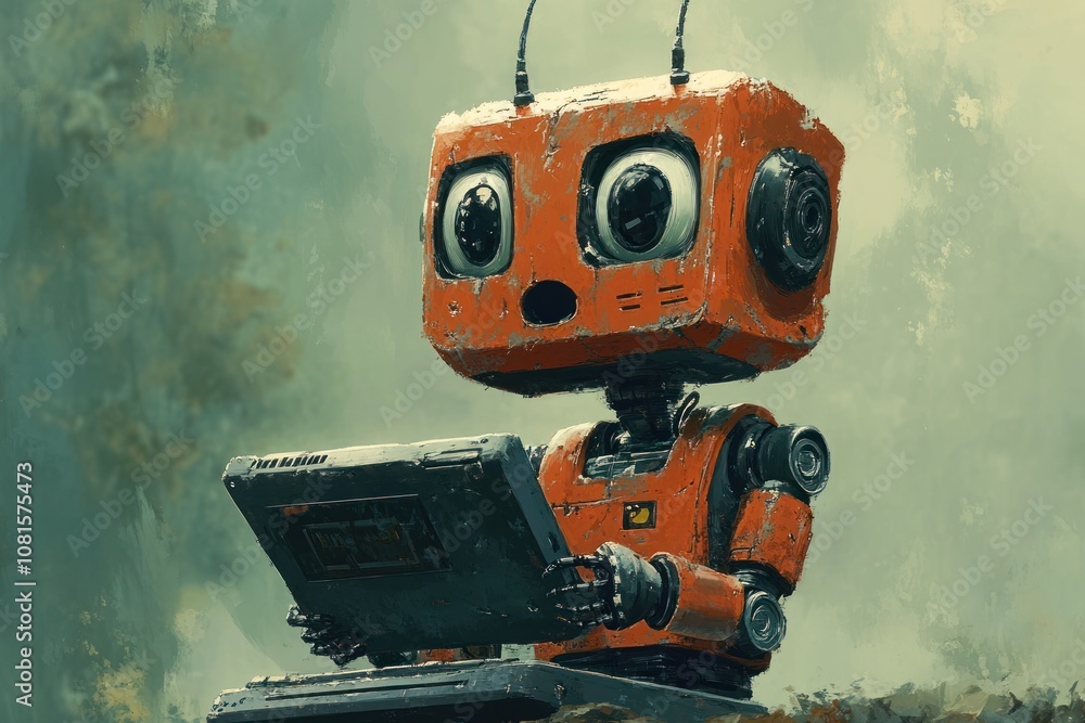 A small, rusty, orange robot with big eyes sits in a forest and looks surprised while using a laptop. A small, rusty, orange robot with big eyes sits in a forest and looks surprised while using a laptop.