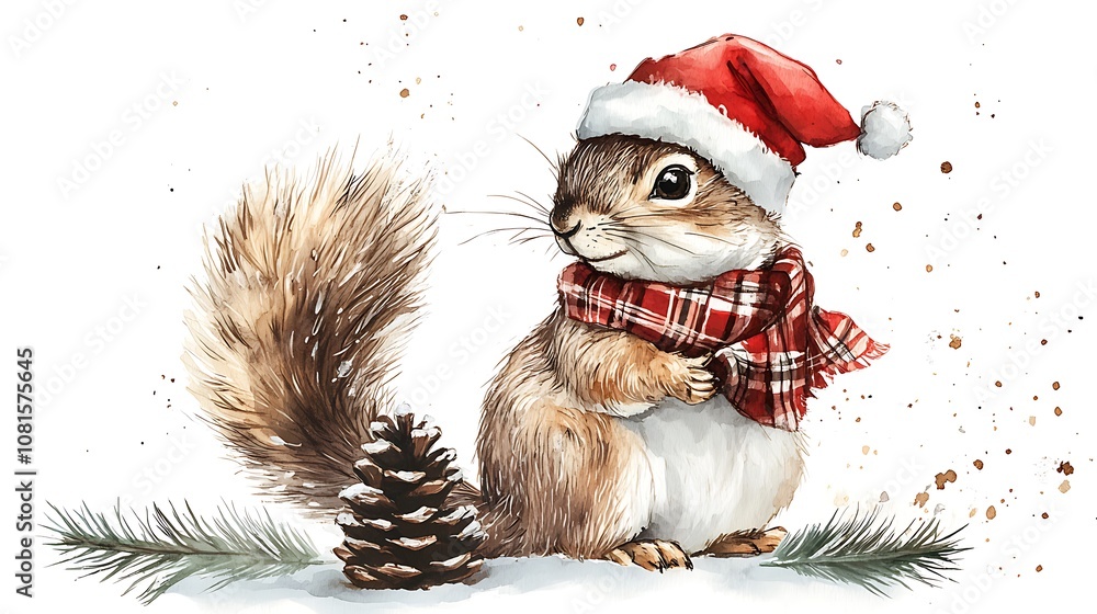 Watercolor illustration of a fluffy squirrel wearing a Santa hat and tartan scarf, holding a pine cone, plain white background, delicate and soft brush strokes, hd quality, intricate textures, Watercolor illustration of a fluffy squirrel wearing a Santa hat and tartan scarf, holding a pine cone, plain white background, delicate and soft brush strokes, hd quality, intricate textures,