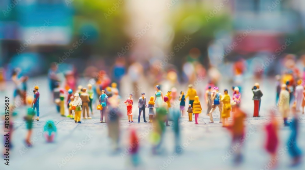 Obraz premium Miniature figurines of different cultural backgrounds gathered against a softly blurred city square, Celebrating diversity in urban gatherings, photography style