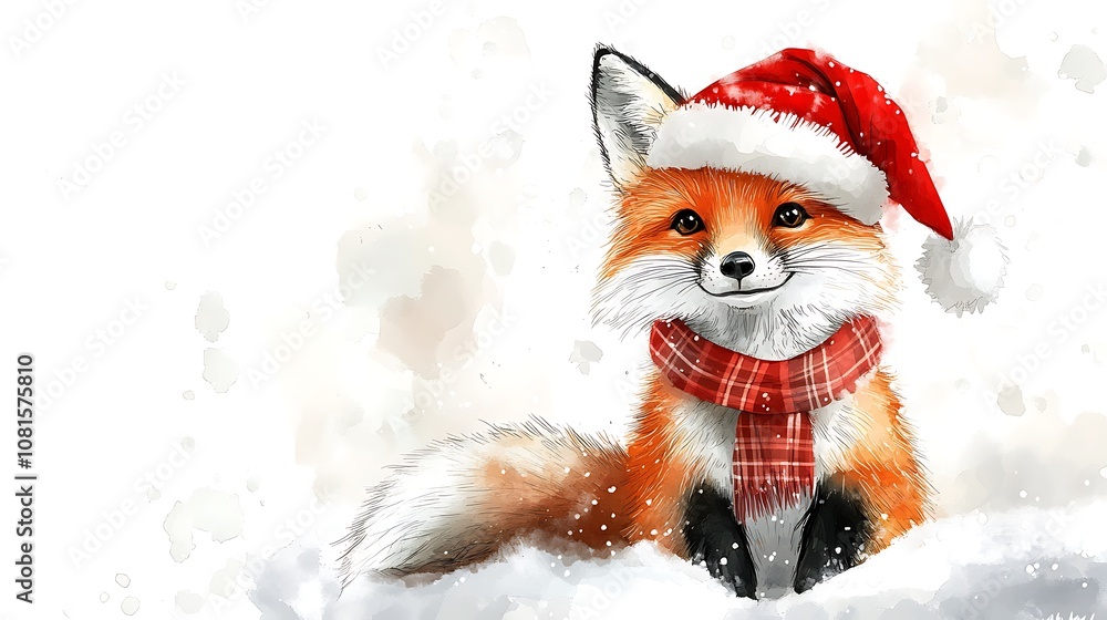Watercolor illustration of a playful fox, wearing a Santa hat with a fluffy pom-pom and a red plaid scarf, sitting in snow, wintery white background, soft and delicate brush strokes, Watercolor illustration of a playful fox, wearing a Santa hat with a fluffy pom-pom and a red plaid scarf, sitting in snow, wintery white background, soft and delicate brush strokes,