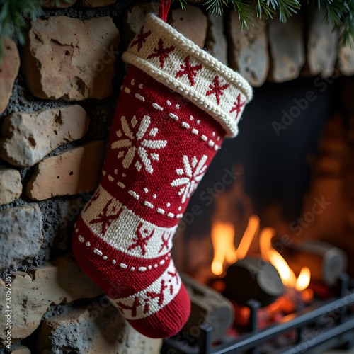 Cozy christmas stocking hanging by the fireplace with flickering flames and rustic stone surroundings, photography of interior decor concept. photo