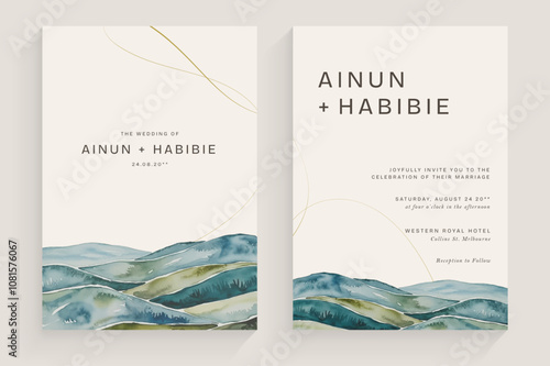 Wedding invitation card with meadow landscape watercolor