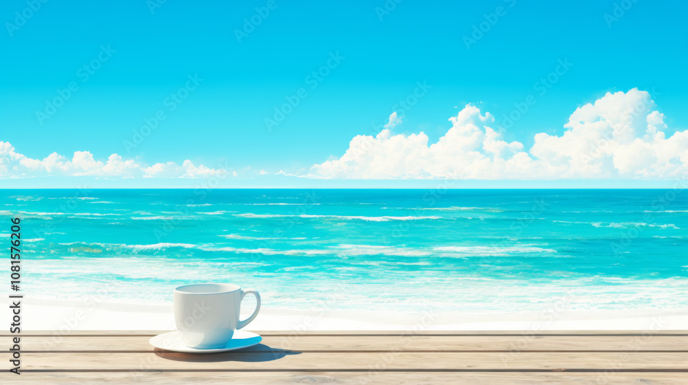 A white coffee cup sits on a wooden table overlooking a beautiful ocean scene with a bright blue sky and puffy white clouds. A white coffee cup sits on a wooden table overlooking a beautiful ocean scene with a bright blue sky and puffy white clouds.