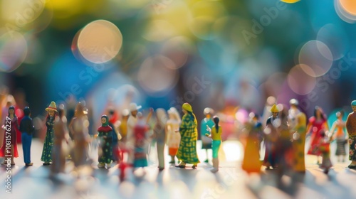 Miniature figurines of different cultural backgrounds gathered against a softly blurred international festival, Celebrating diversity in global traditions, photography style