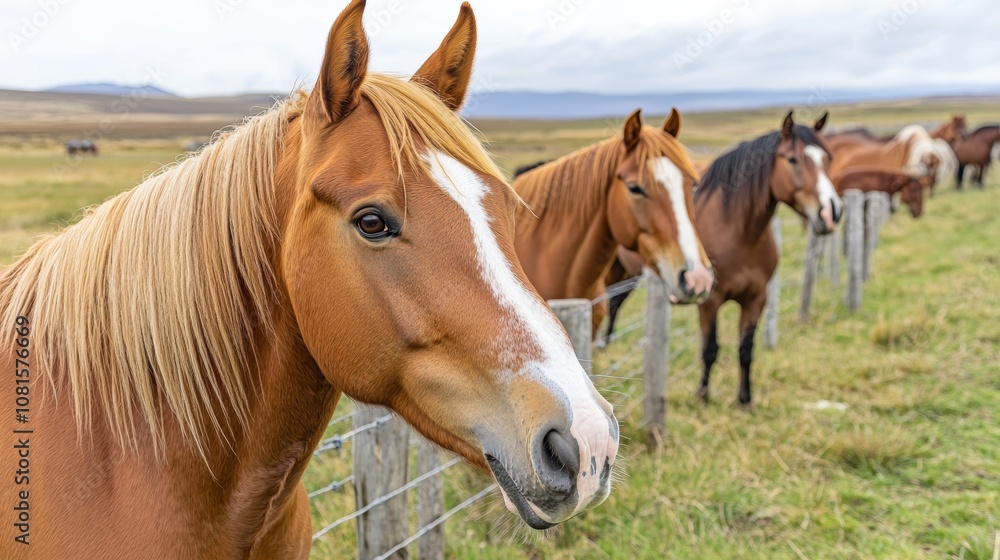 A Majestic Herd of Horses Grazing in the Vast Scenic Pastureland A Majestic Herd of Horses Grazing in the Vast Scenic Pastureland