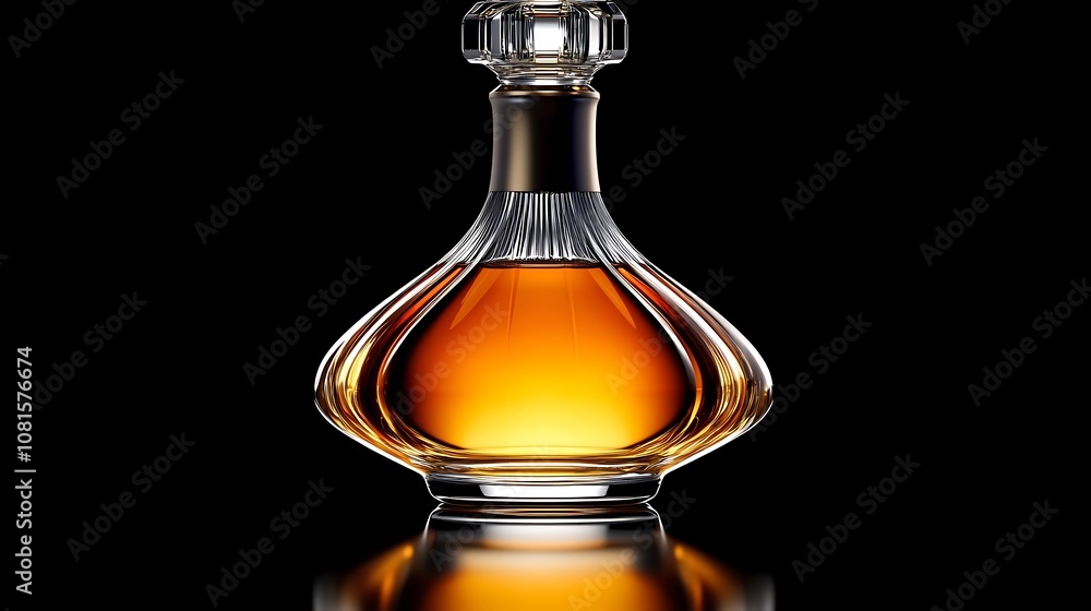 A bottle of amber-colored liquid with a golden stopper, sitting on a black surface and reflecting. A bottle of amber-colored liquid with a golden stopper, sitting on a black surface and reflecting.