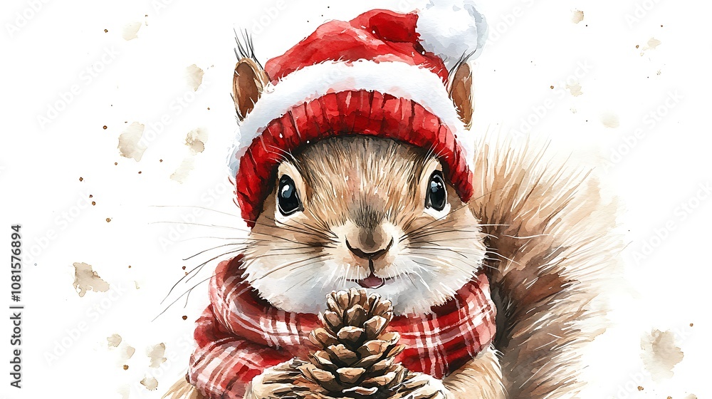 Watercolor painting of a fluffy squirrel in a red Christmas hat and tartan scarf, holding a pine cone, minimal white canvas, intricate fur details, soft brush strokes, festive and cozy vibe, Watercolor painting of a fluffy squirrel in a red Christmas hat and tartan scarf, holding a pine cone, minimal white canvas, intricate fur details, soft brush strokes, festive and cozy vibe,