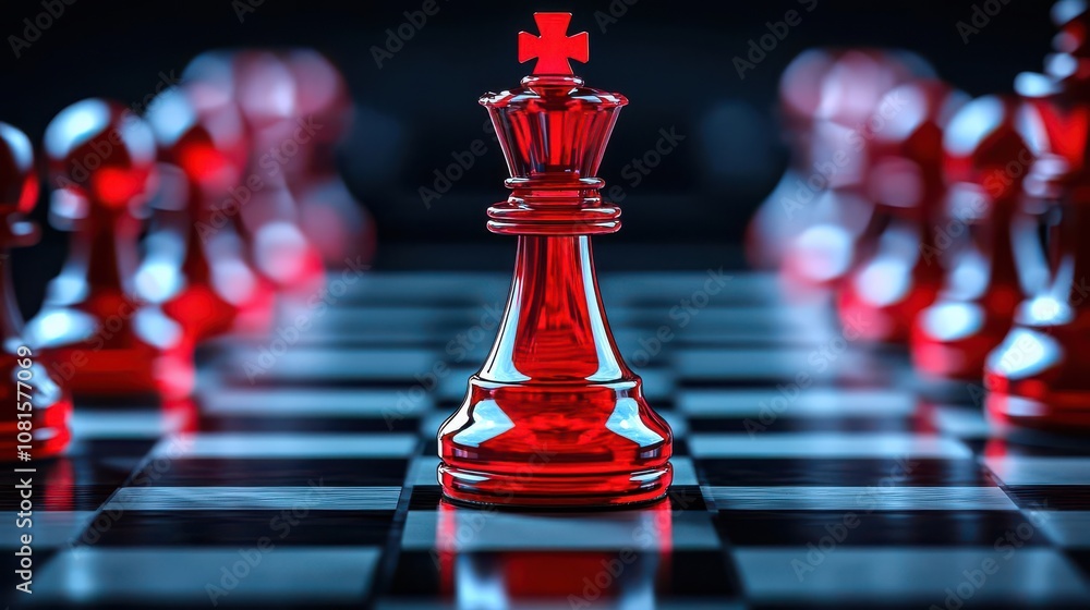 A striking red chess piece stands prominently on a black and white chessboard. A striking red chess piece stands prominently on a black and white chessboard.