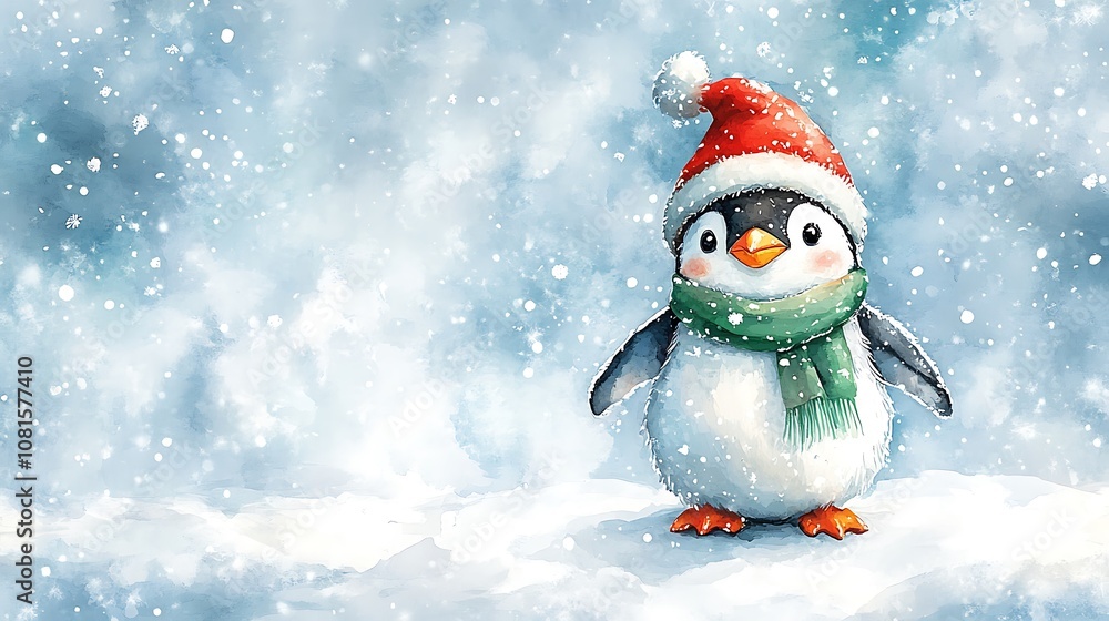 Watercolor painting of a happy penguin in a red Christmas hat and green scarf, standing on a snowy white landscape, intricate feather details, soft brush strokes, cozy and festive vibe, hd quality, Watercolor painting of a happy penguin in a red Christmas hat and green scarf, standing on a snowy white landscape, intricate feather details, soft brush strokes, cozy and festive vibe, hd quality,