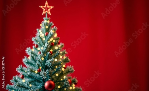 Christmas tree with red background with defocused lights ai generative christmas backdrop professional studio photography Photorealistic style 