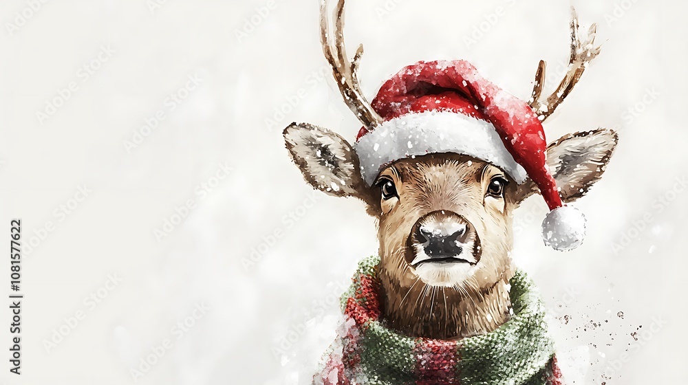 Watercolor painting of a happy reindeer wearing a red and white Santa hat and a green cozy scarf, standing against a plain white background, soft brush strokes, detailed fur texture, Watercolor painting of a happy reindeer wearing a red and white Santa hat and a green cozy scarf, standing against a plain white background, soft brush strokes, detailed fur texture,