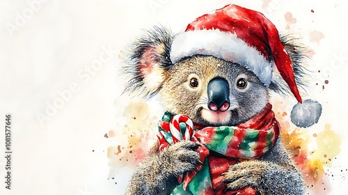 Watercolor painting of a jolly koala wearing a red Santa hat and a red and green striped scarf, holding a candy cane, plain white background, soft brush strokes, detailed fur texture, photo