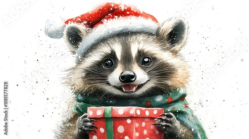 Watercolor painting of a raccoon with a big grin, wearing a red Christmas hat and green polka dot scarf, holding a tiny gift box, minimal white background, soft brushstrokes, detailed textures, photo