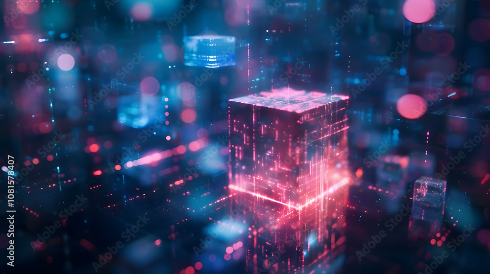 3D Abstract Background with Glowing Cubes and Bokeh Lights 3D Abstract Background with Glowing Cubes and Bokeh Lights