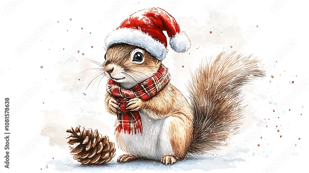 Adorable fluffy squirrel in festive attire, wearing a red Santa hat and a tartan scarf, holding a pine cone, watercolor style, minimal white background, intricate details, hd quality, Adorable fluffy squirrel in festive attire, wearing a red Santa hat and a tartan scarf, holding a pine cone, watercolor style, minimal white background, intricate details, hd quality,