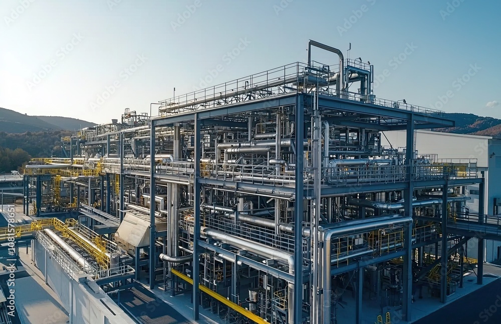 A modern industrial plant with steel pipes and equipment. View of the production line from the outside. An energy production or petrochemical industry concept A modern industrial plant with steel pipes and equipment. View of the production line from the outside. An energy production or petrochemical industry concept
