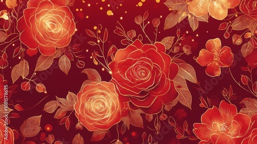 Wallpaper Mural A romantic wallpaper design with a floral pattern in bright red and metallic gold. Torontodigital.ca